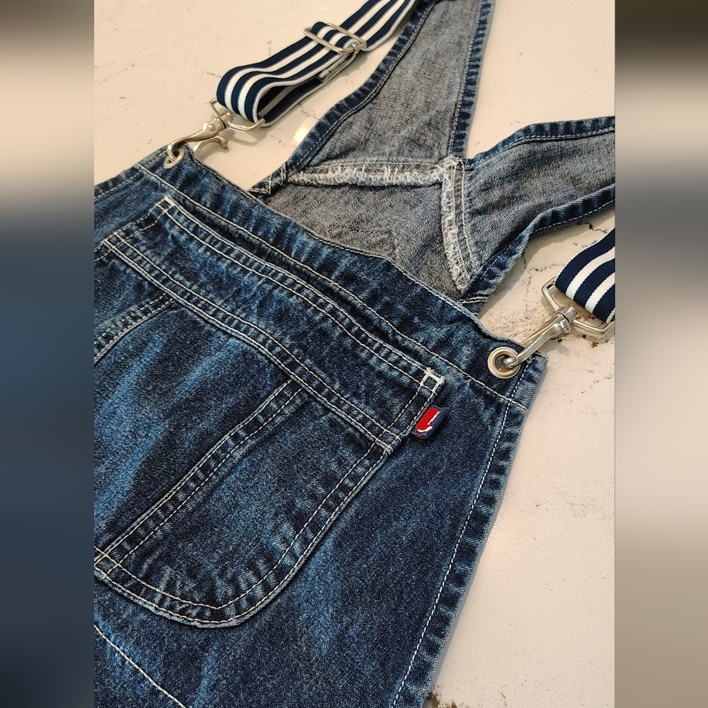 London London Denim Blue Jean Overalls with Striped Suspenders L Juniors